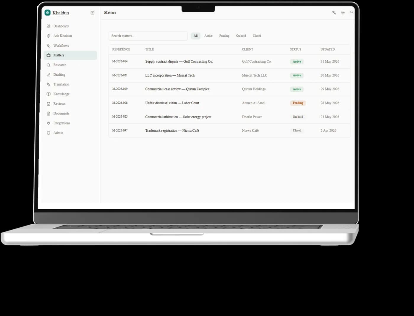 The matters list, showing active cases with their documents and status.