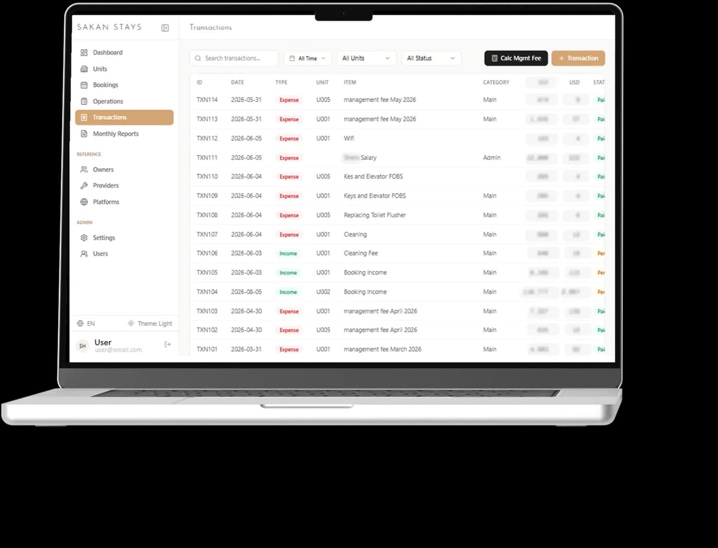 The transactions list, reconciling income and costs per unit.