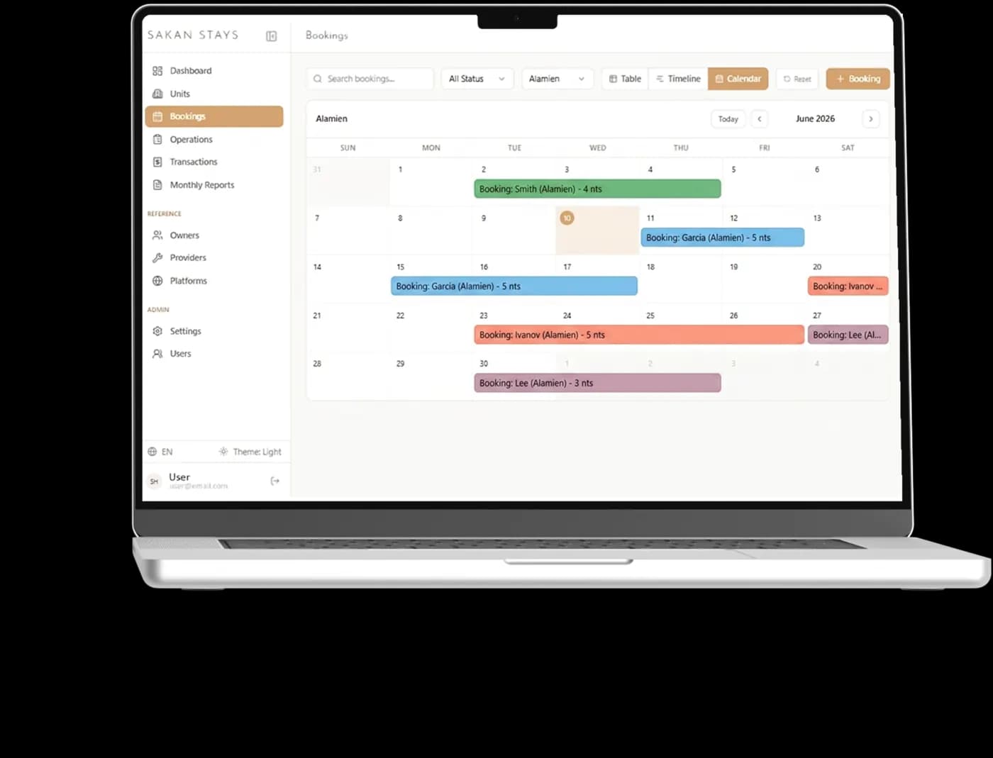 A booking calendar showing availability and reservations across units.