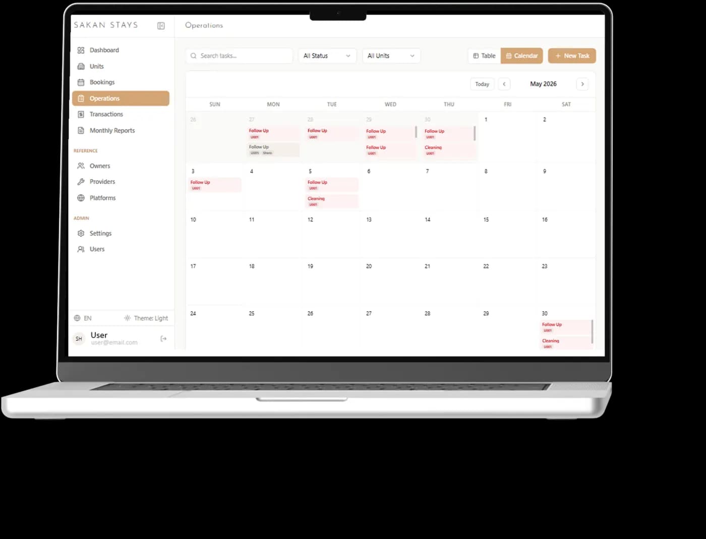 An operations calendar scheduling cleaning and maintenance against each stay.