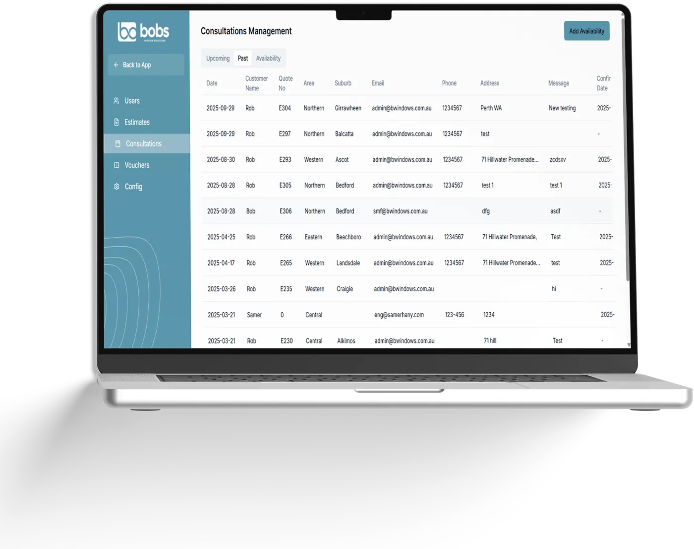 A consultations view showing booked appointments against the jobs they belong to.