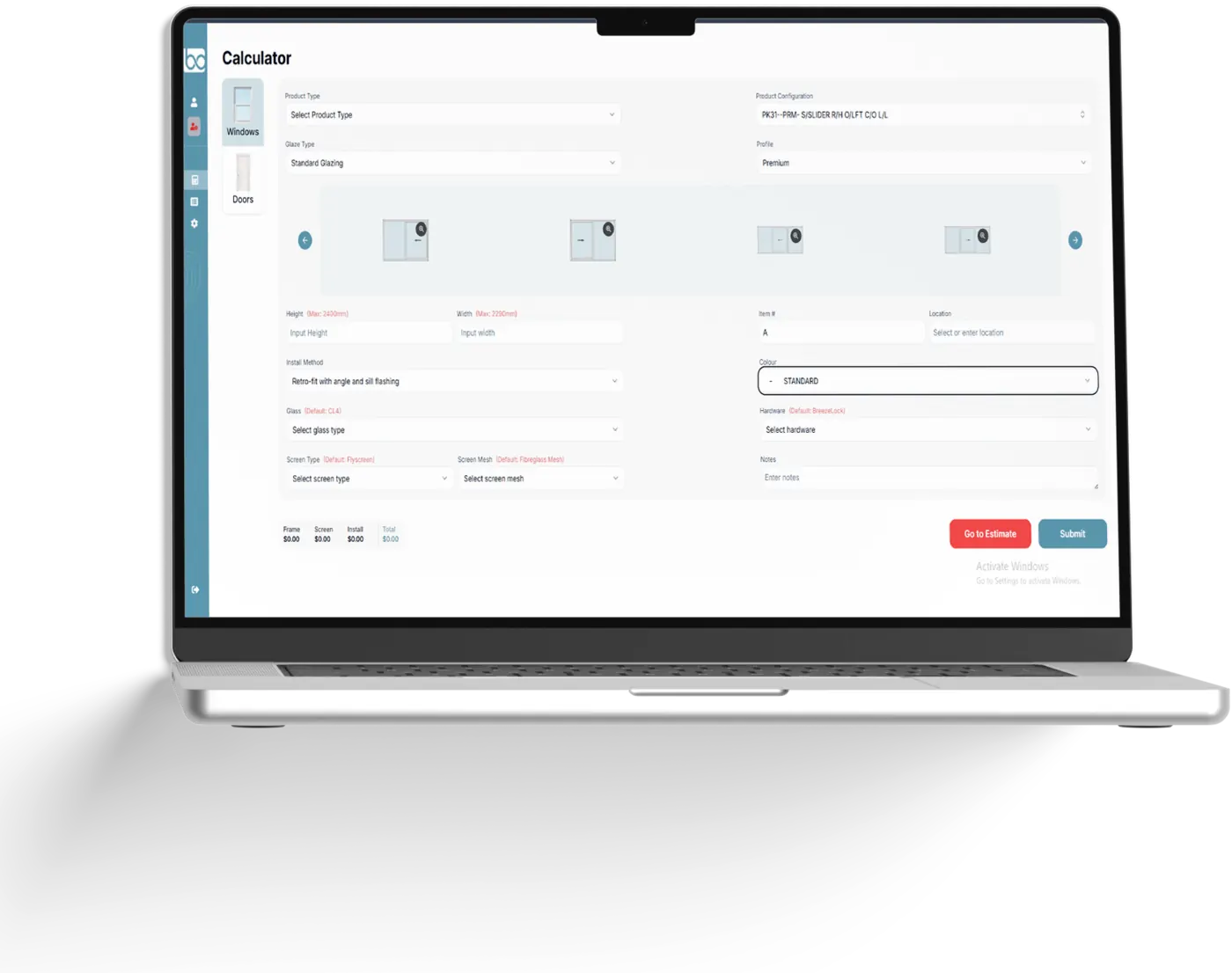 The configurator, with product type, dimensions, glazing, hardware and colour on one screen and a running total beneath it.