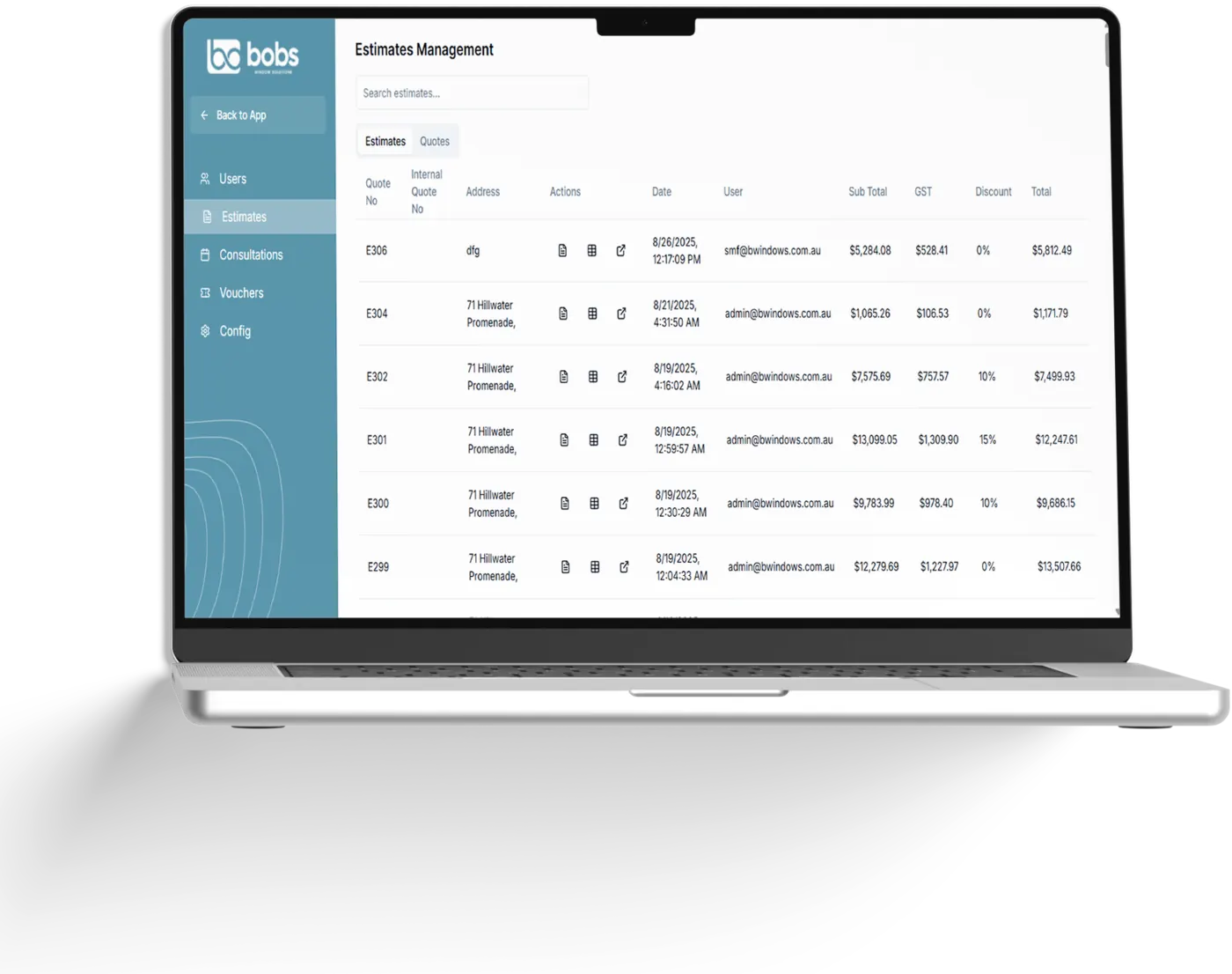 An estimates list showing saved quotes with their reference numbers, customers and totals.