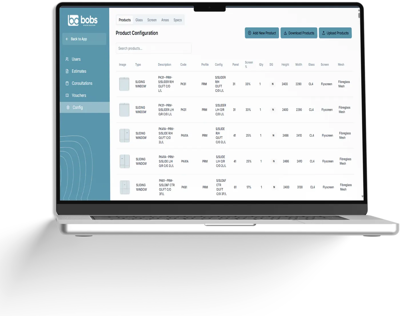 The product administration screen, where the business edits its own products and rates.
