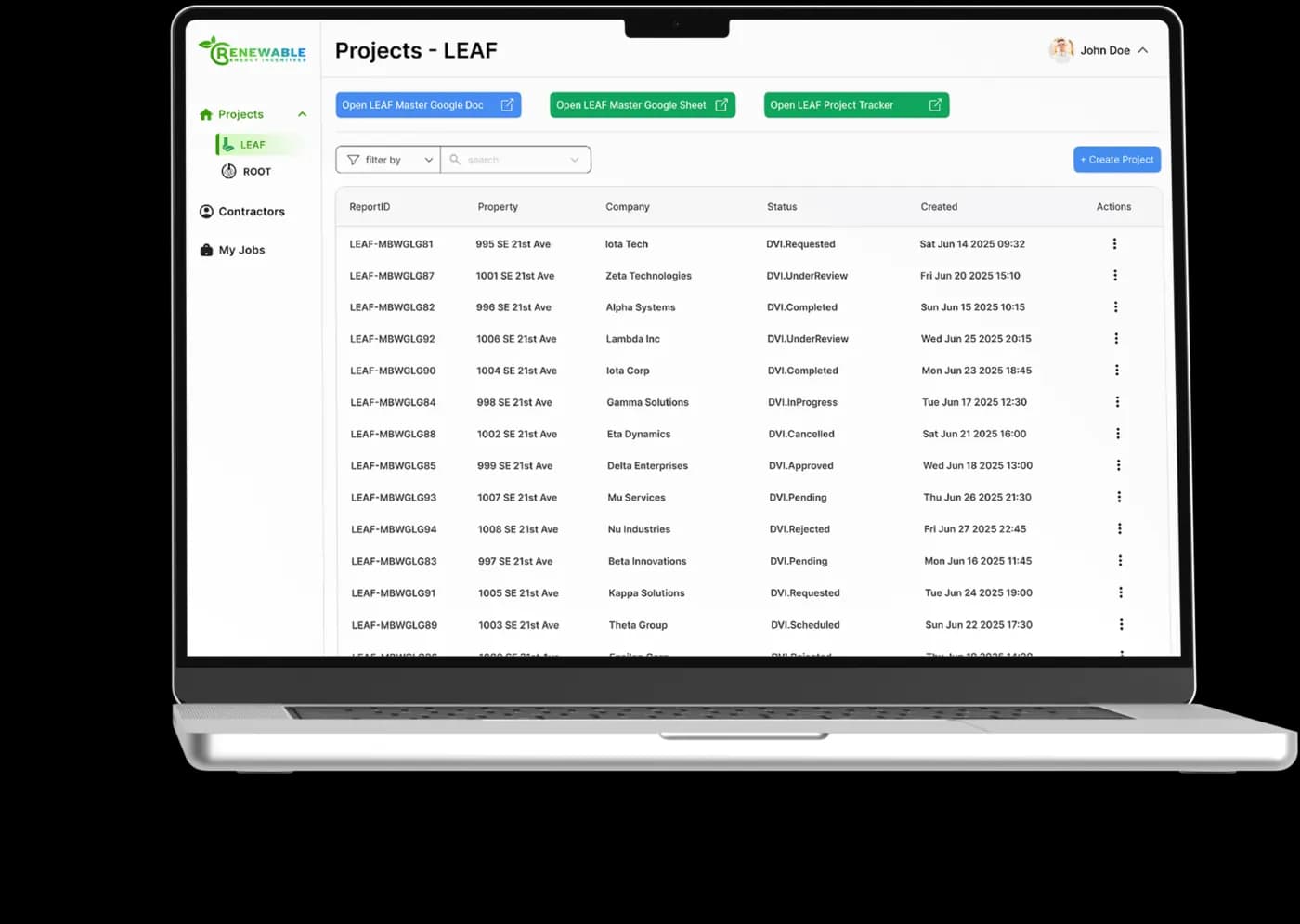 The project list, showing energy efficiency jobs with their current stage and assigned contractor.