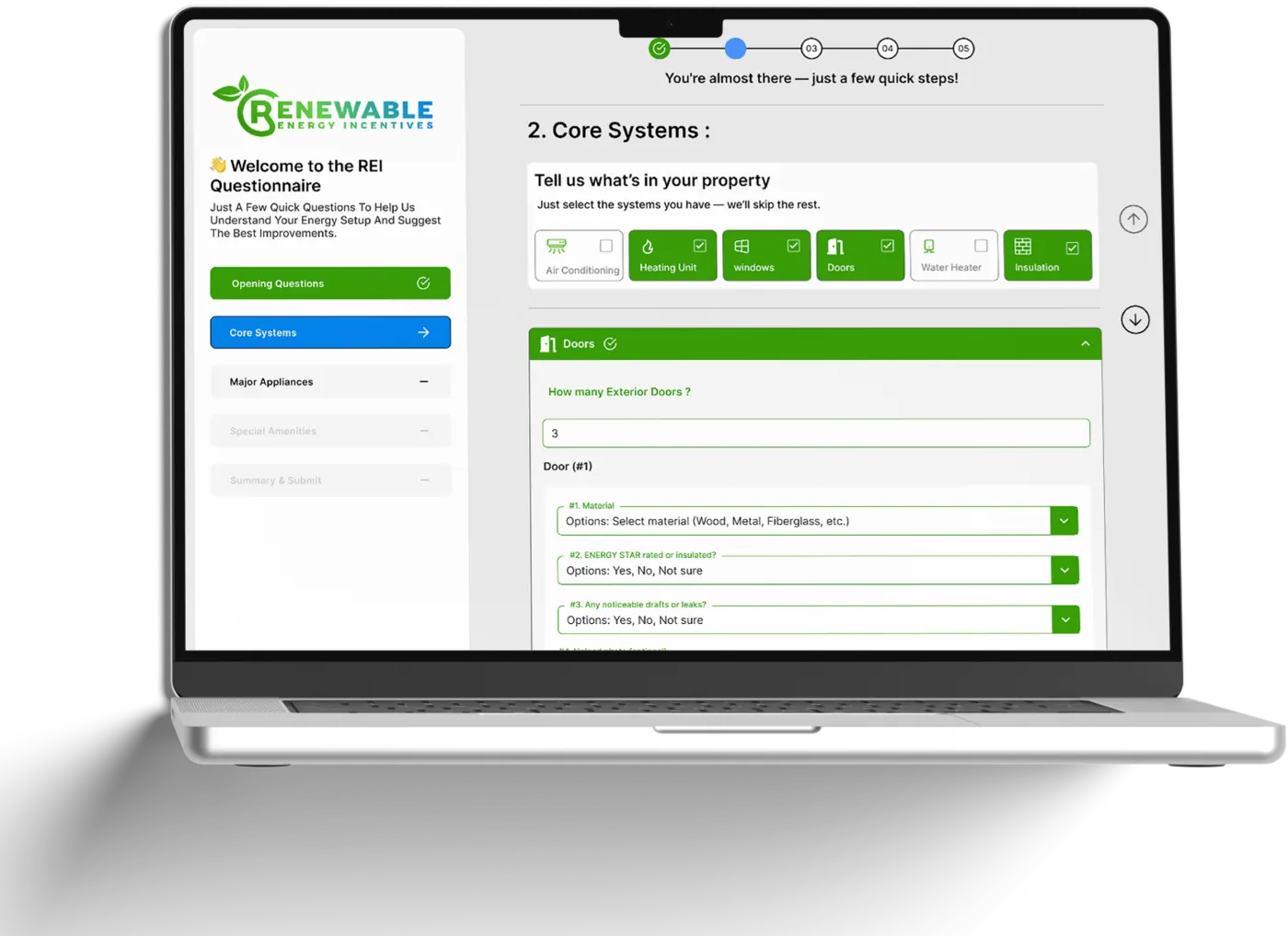 A multi-page questionnaire capturing the property survey that drives the energy calculations.