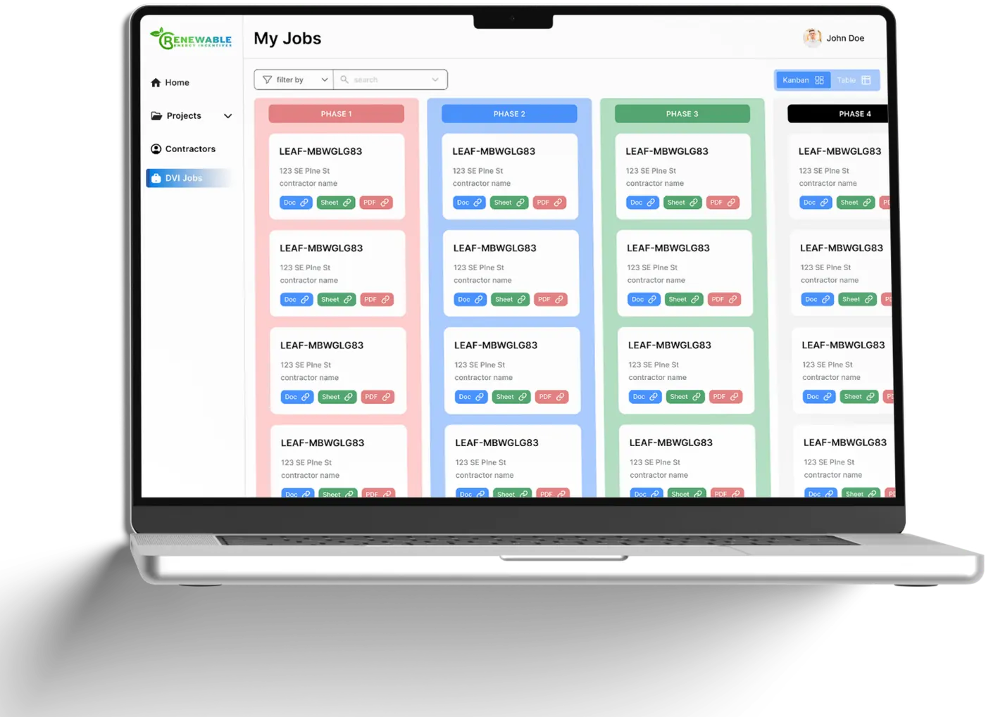 A kanban board moving projects between stages, from survey through to completed works.