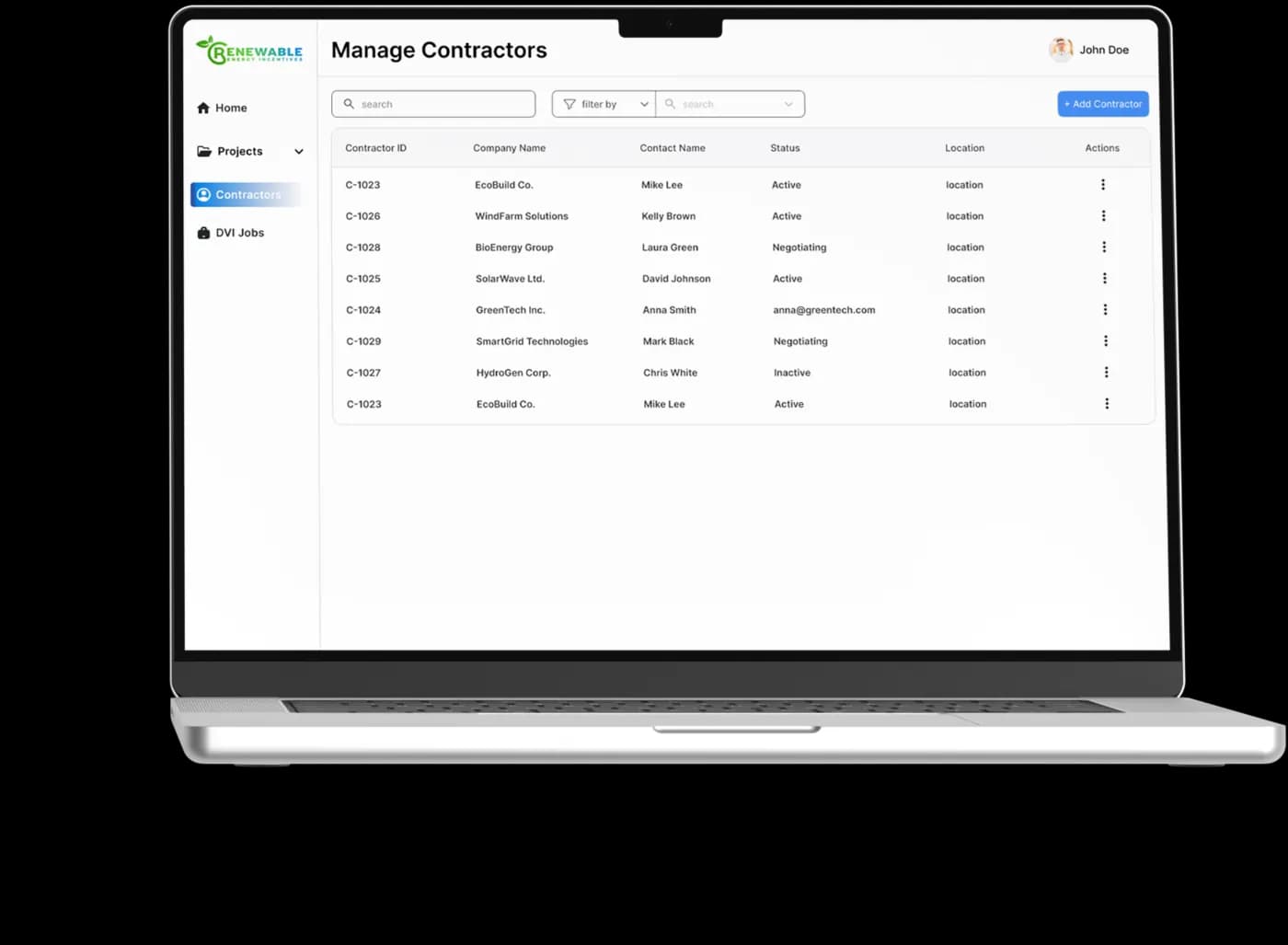 The contractor directory, showing who is assigned to which jobs.