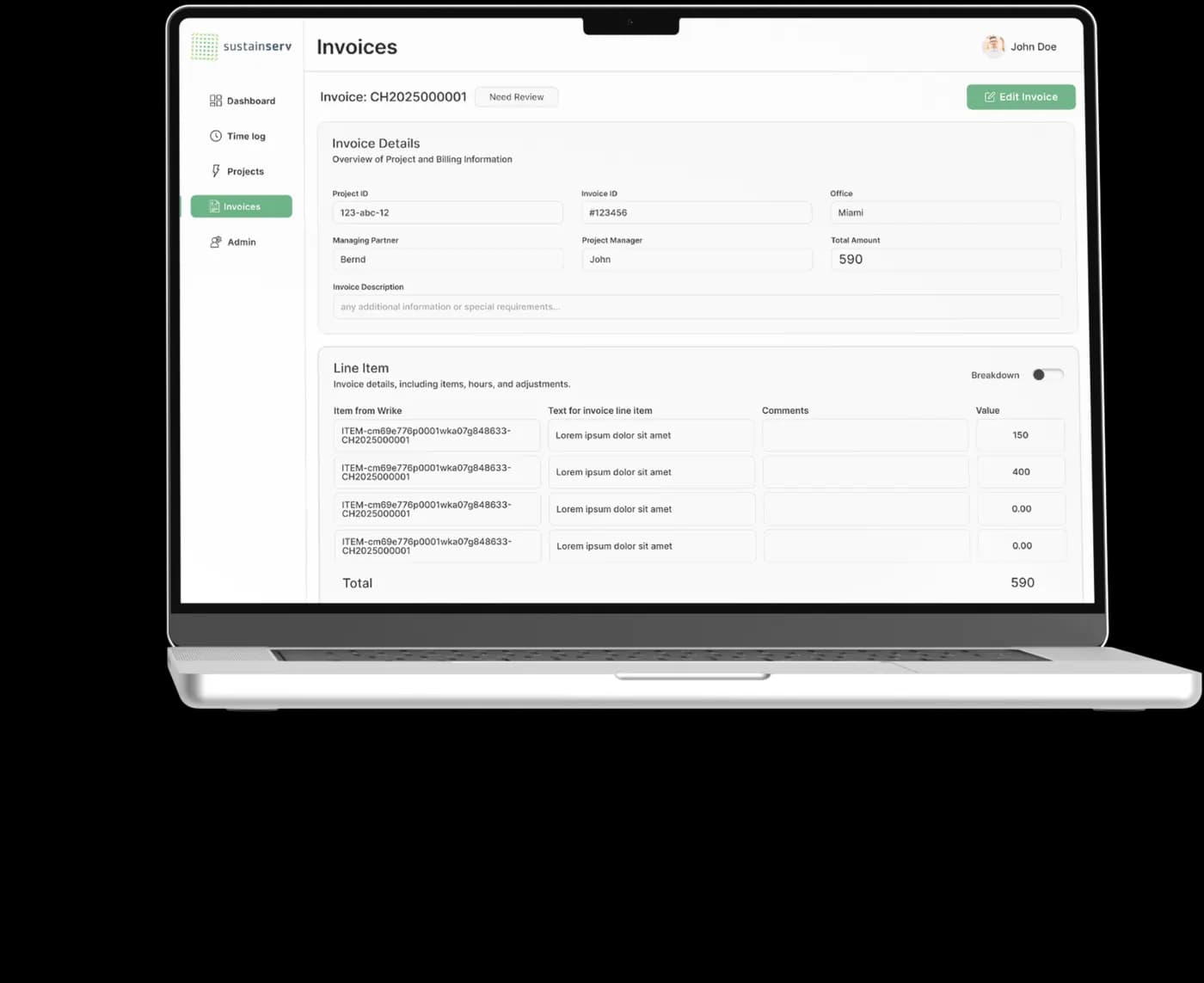 The invoice list, showing each invoice with its status, amount and approval stage.