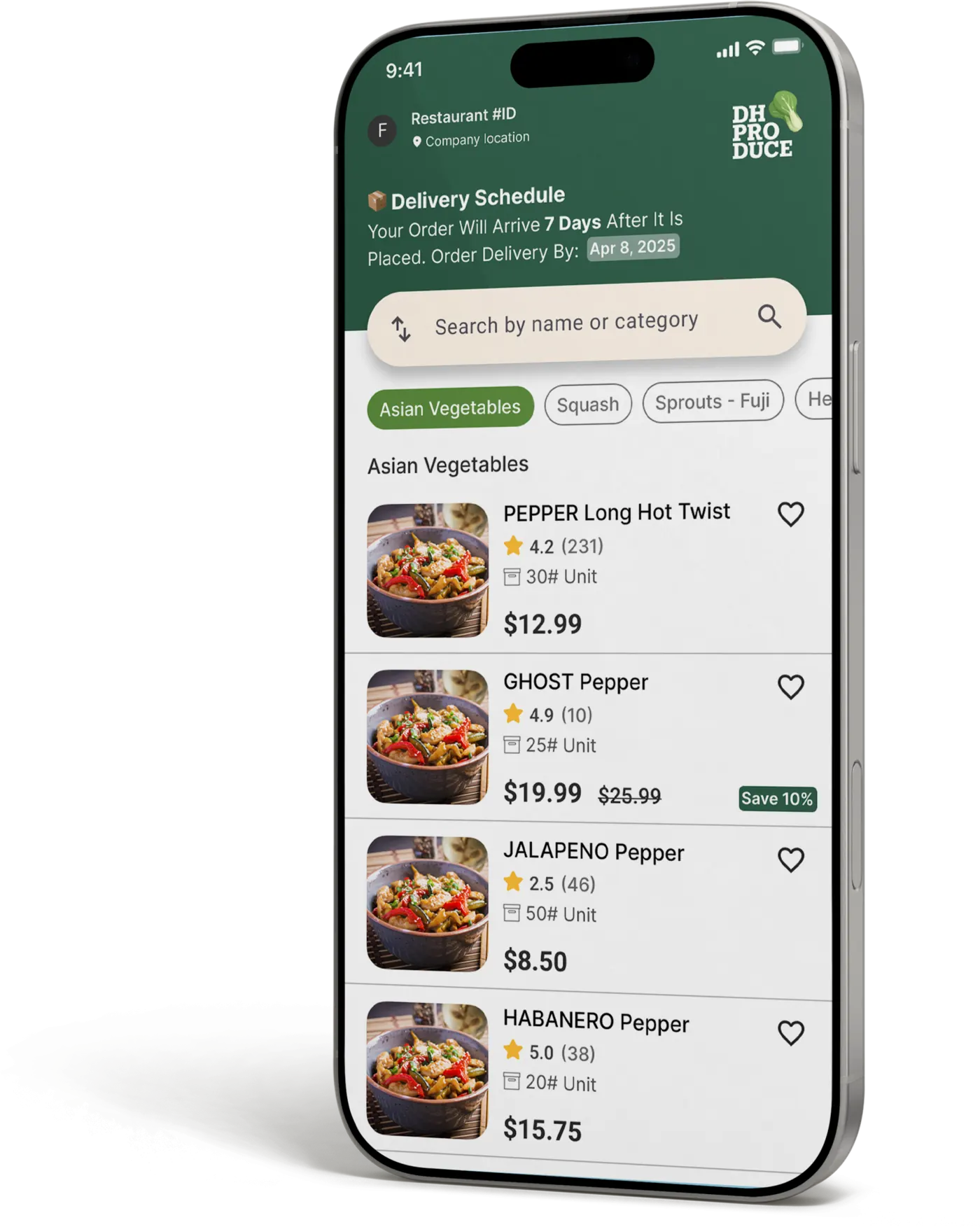 The order list, showing incoming orders with their status and delivery date.