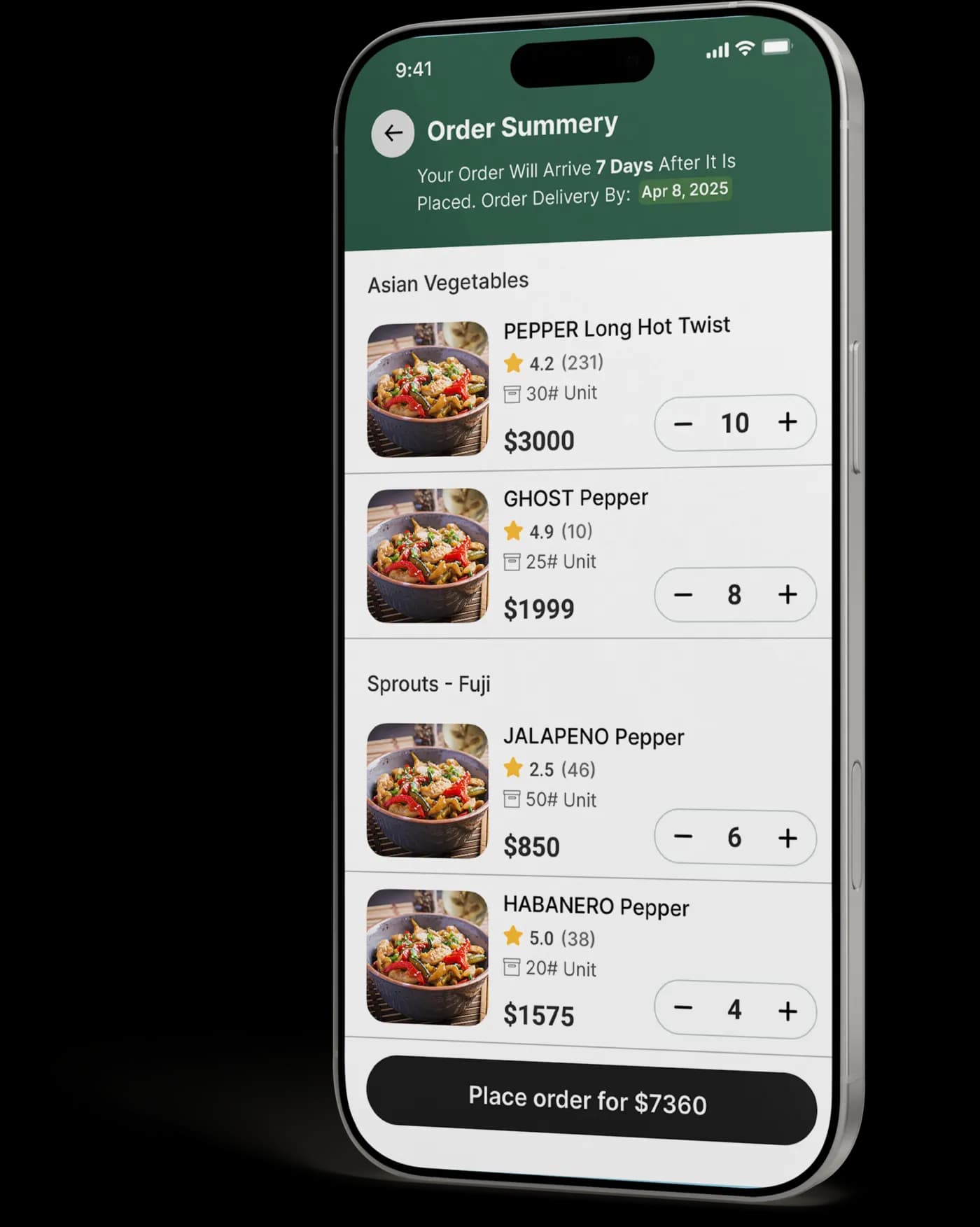 The order screen on a phone, showing products being added to a customer order.
