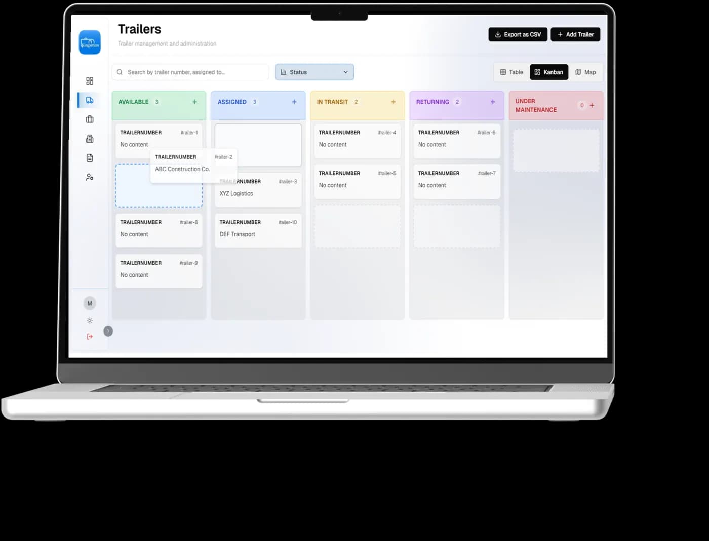 A kanban board moving jobs between dispatch stages.